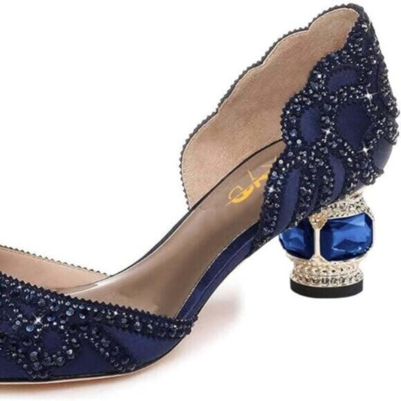 Size 7.5 XYD Women’s Satin Pumps Pointed Toe D'Orsay Crystal Heels Rhinestone - Picture 5 of 12